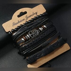 Unisex Black Faux Leather Bracelet Set with Tree of Life Charm